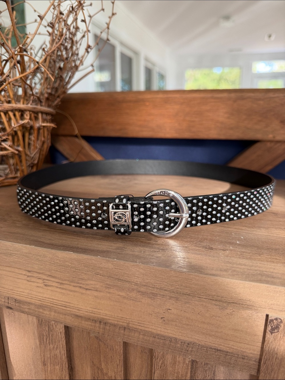 bebe Black Studded Leather Belt with Silver-Tone Buckle